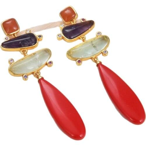 GG Jewelry Natural Amethysts Red howlite Prehnites Cz pave Dangle Stud Earrings