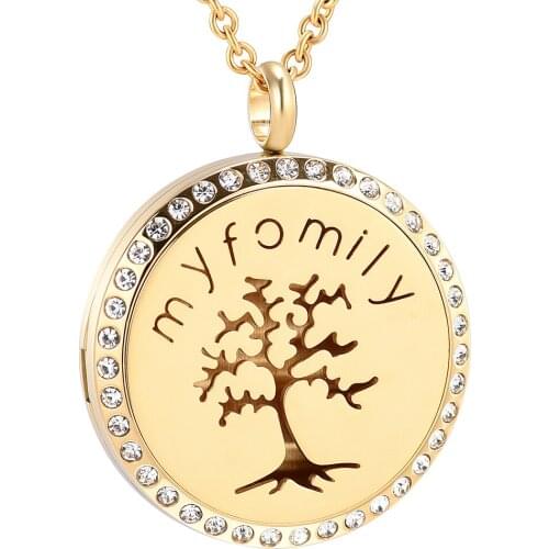 IJP0370 Tree Inlay Crystal My Family Stainless Steel Aromatherapy Essential Oils Diffuser Perfume Free12 Pads Pendant Necklace