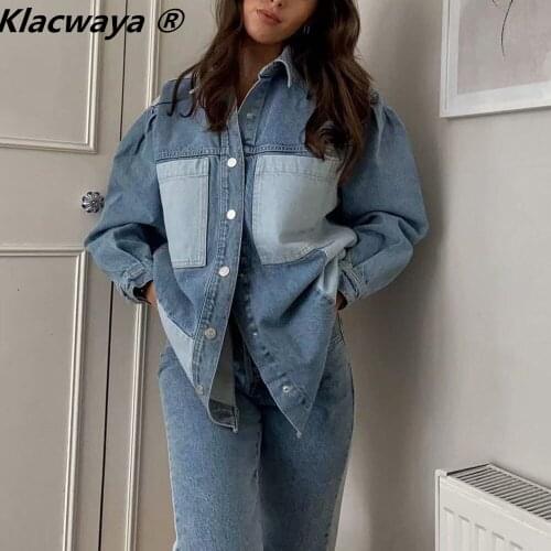 Klacwaya 2021 Women Fashion Color Block Denim Jacket Vintage Patchwork Lapel Long Sleeve Female Casual Street Outerwear