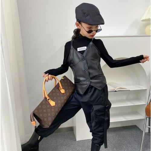 2021 Korean style fashion girls pu leather vest coat cotton spring girls waistcoat 6-12t A549