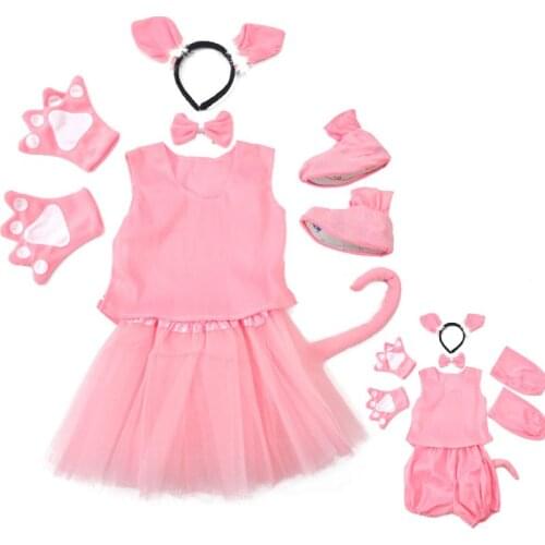 Children girl boy Cartoon Animal Halloween Pink Pig costume clothes headband shoes Performance Suit Childrens Day set kid