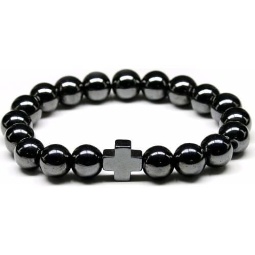Health Energy Elastic Nature Magnetic Hematite Bracelet, 10MM Round Bead With Big Cross Bangle For Men Jewelry Party Gift