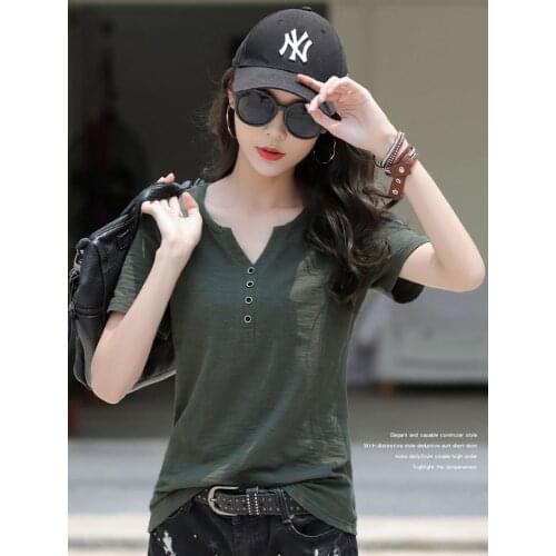 Fashion Summer Womens cotton vintage simple short sleeve slub cotton solid color loose large slim V-neck T-Shirt Top