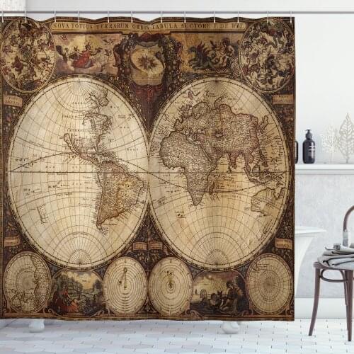 Antique Map Shower Curtain Set Vintage Historic Look Sphere View Curtain for Bathroom Decor 12 Hooks Decorative Bath Accessory