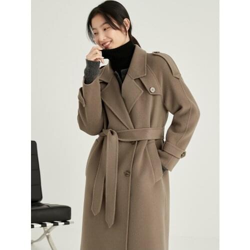 2021 autumn new double-sided tweed coat womens medium and long suit collar thin belt wool tweed coat