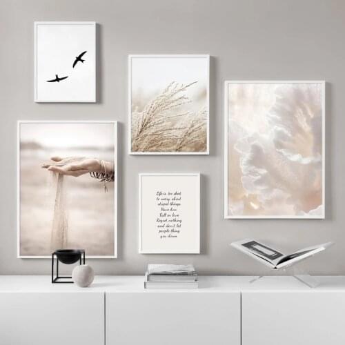 Sand Falling Reeds Mushroom Birds Calm Beach Nordic Poster Wall Art Print Canvas Painting Decoration Pictures Home Decor