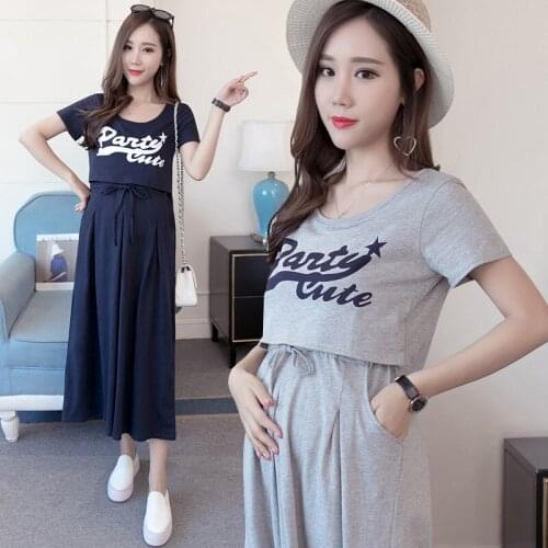 Maternity Nursing Dresses Fashion Short Sleeve Breastfeeding Tops Mid Long Thin Nursing Dress Summer Dress Skirt For Pregnant