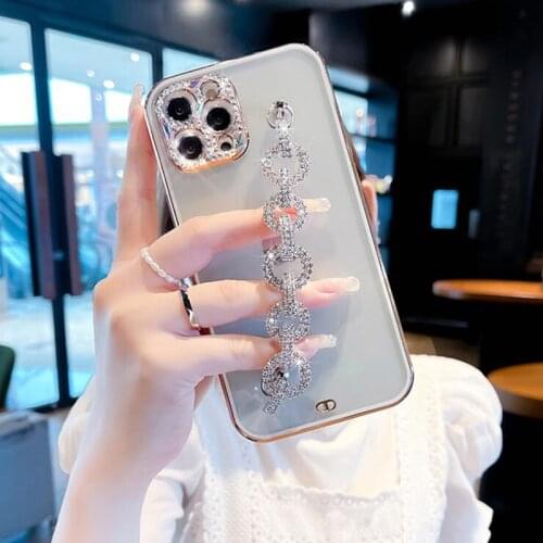 For iPhone 12 11 Pro MAX XR XS 7 8 Plus SE2 Case Bling Rhinestone Diamond Bracelet Chain Camera Lens Protection Shockproof Case
