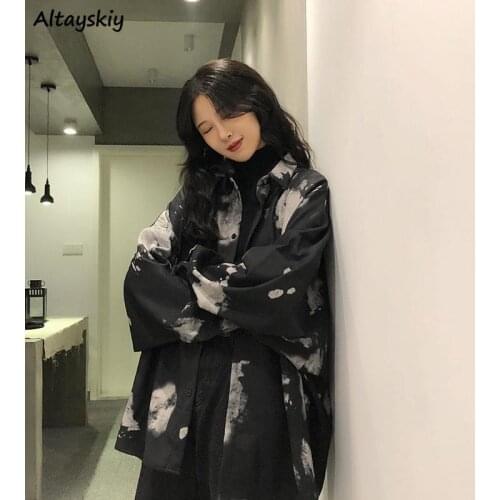 Shirts Women Fashionable Tie Dye Turn-down Collar Loose Chic Harajuku Prevalent Ulzzang Feminino Blouses Autumn Leisure Trendy