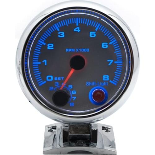 3.75" 95mm Blue Led Electrical Tachometer RPM Gauge With Internal Shift Light 4 6 8 Cylinders Chrome Rim