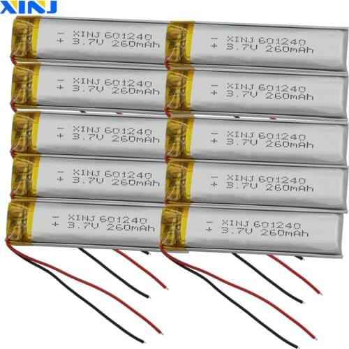 XINJ 10pcs 3.7V 260mAh Li lithium-polymer battery li po Liion cell 601240 For Camera DVR DVC watches mp3 3D headphones speaker