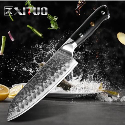 XITUO Brand 7 inch Santoku Knives Damascus VG10 Steel Knives G10 Handle Japanese Style Kitchen Cooking Carved Chef Knife Cleaver
