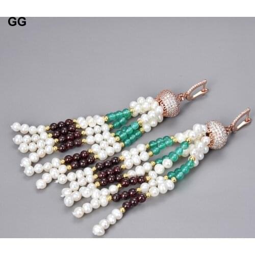 GuaiGuai Jewelry White Pearl Garnet Rose Gold Plated CZ Cap Hook Earrings