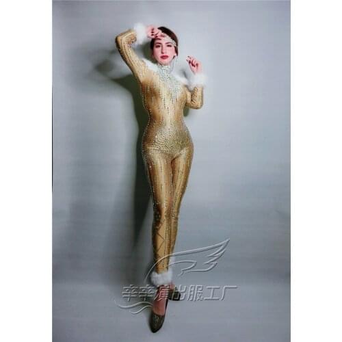 Women Champagne Gold Shining Rhinestones Feathers Sexy Jumpsuit Female Crystals Leotard Stage Wear Singer Performance Jumpsuit
