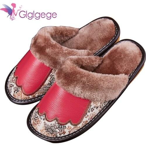 Glglge Winter Women Slippers Genuine Leather Home House Indoor Non-Slip Thermal Shoes Men 2019 New Warm Furry Slippers Plus Size