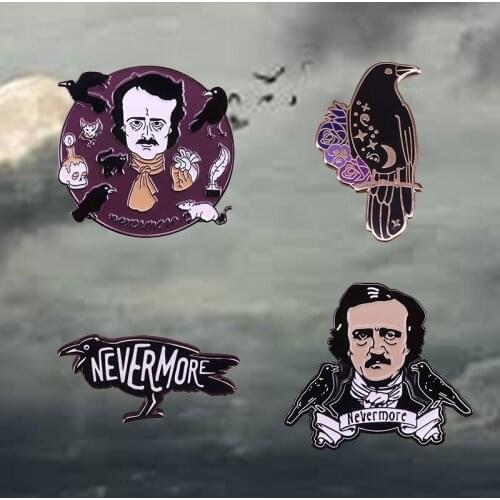 Edgar AllannPoe Badge Nevermore Raven Crow Enamel Pin Gothic Literature Fans Gift