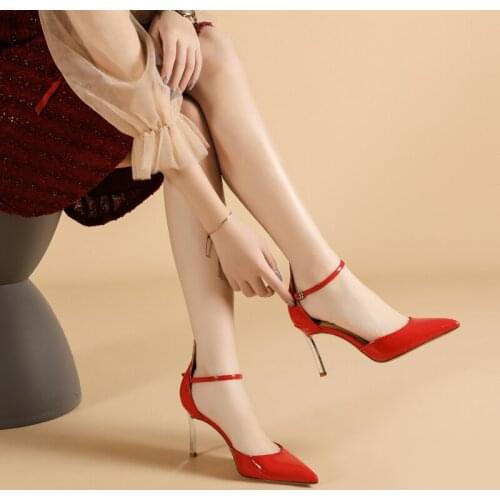 2021 summer pointed toe stiletto sexy sandals one-word buckle patent leather party dress large size womens singles shoes