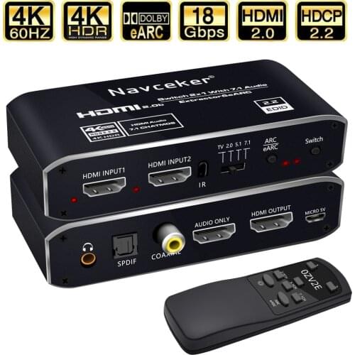 2x1 4K HDMI Switch eARC Audio Extractor With ARC & Optical Toslink HDMI 2.0 Switch 4K 60Hz HDMI Switcher Remote for Apple TV PS4