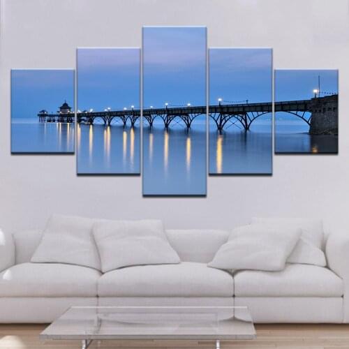 5 Pieces Canvas Wall Art Pictures Modern Living Room Decor Blue Sky Wooden Bridge Night Light Landscape Print Poster Framed