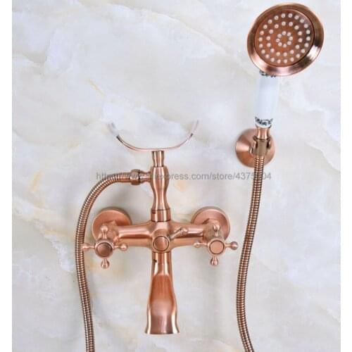 Antique Red Copper Wall Mount Bathtub Bathroom Faucet Telephone Style Mixer Faucet Tap with Dual Handle Handshower Nna359