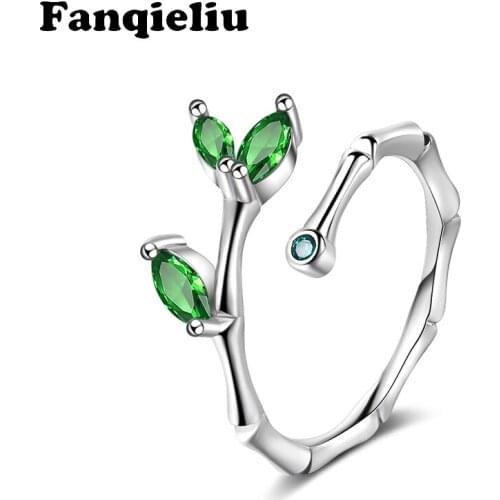Fanqieliu Retro Ethnic Bamboo Leaves Green Crystal Rings 925 Sterling Silver Ring For Women Adjustable Open Ring FQL20162