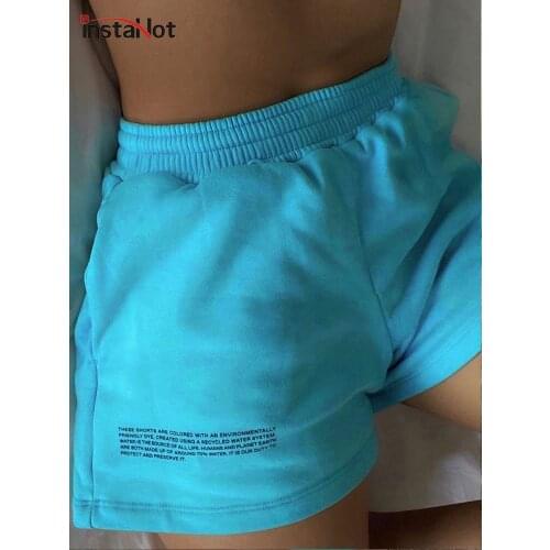 InstaHot women shorts elastic waist pocket cotton summer straight letter printed casual high street shorts 2020 femme shorts