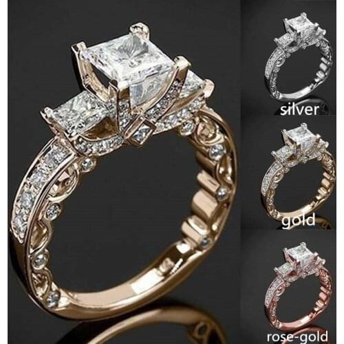 Exquisite Silver Plated Womens Princess Square Zircon Ring Classic Super Flash Wedding Band Engagement Ring Bridal Jewelry Gift