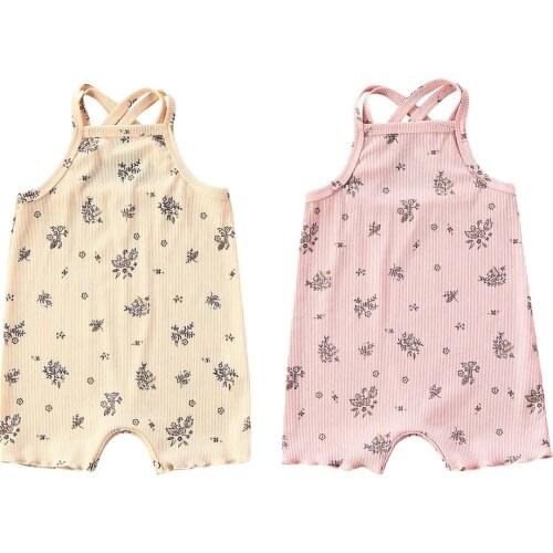 2020 Summer Newborn Baby Girls Clothing Toddler Sleeveless Square Collar Floral Print Knitted Romper Cross Sling Jumpsuits 0-18M