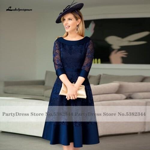 Lakshmogown Gorgeous Mother of the Bridal Dresses 3/4 Sleeves Navy Blue Lace Women Guest Wedding Party Dress Knee Length