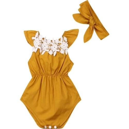 Summer Newborn Baby Girl Sets Cotton Clothing Applique Flower Fly Sleeve Romper O-Neck Sunsuits Bow Headband 2Pcs Outfits 0-24M