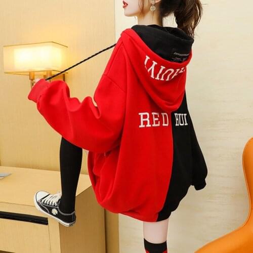 Cute Patchwork Sweatshirt Autumn Hooded Hoodie Streetwear Women Red Oversized Hoodies Casual Kawaii Winter Japan Sweatshirt Girl