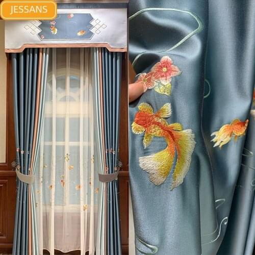 2021 New High-end New Chinese Goldfish Embroidery Blackout Curtains for Living Room and Bedroom Customized Products