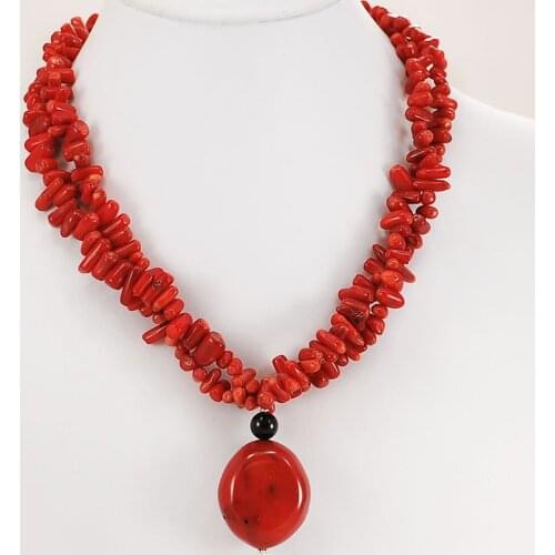 Sea Blood Coral Chip Beads & Pendant Necklace with Silver Tone Toggle