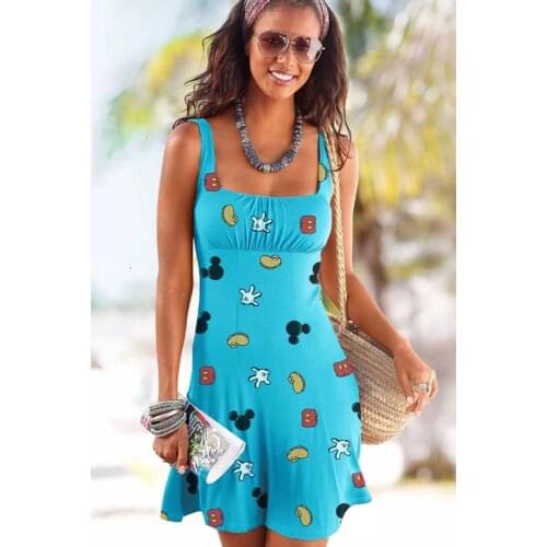 Disney Mickey Mouse Printed Sleeveless Vest One Neck Cute Dress Fashion Sexy Slim Casual Comfortable Ladies Beach printed dress