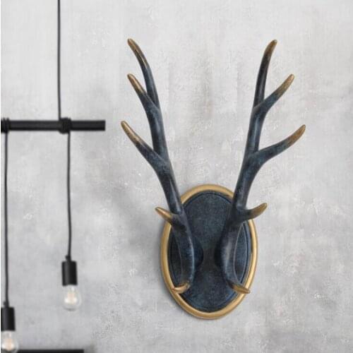Resin Deer Head Antlers Animal Sculpture Figurines Ornament Wall Hanging Antlers Sculptures Coat Wall Hooks Rack Decorative