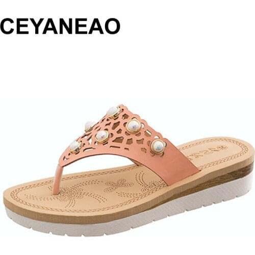 CEYANEAO New Women Sandals PU Summer Casual Chain Pearl Fashion Outdoor Hollow Beach Pearl Buckle Sandals Casual Shoes Buty Dams