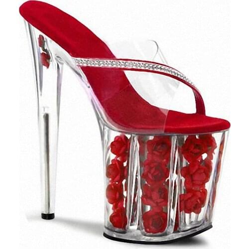Sexy Red Crystal Flower Thin heels Slippers Glitter Rhinestone 8 inches Fetish Props Shallow 20CM Womens novelty Stage Show Hot