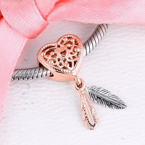 CKK Fit Pandora Bracelets Heart & Two Feathers Charms Silver 925 Original Beads for Jewelry Making Sterling DIY
