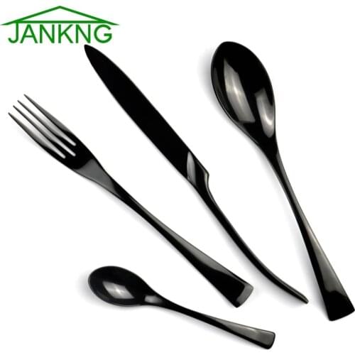 JANKNG 4Pcs/Lot Black Stainless Steel Dinnerware Polishing Cutlery Set Kitchen Tableware Fork Steak Knife TeaSpoon Dinner Set