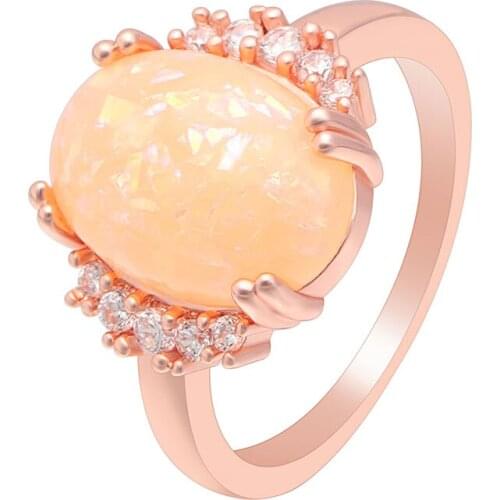UFOORO New Ladies Orange Fire Opal Ring Jewelry Rose Gold Color Simple Oval Wedding Bands Custom Ring For Women Bijoux Opal Ring