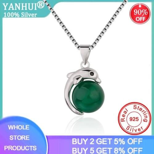 YANHUI Cute Dolphin Natural Stone Emerald Pendant Necklace Women Silver 925 Necklace New Charm Female Jewelry Gift ND3