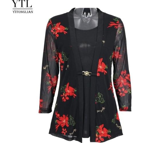 YTL Womens Vintage Floral Blouse Shirt Long Sleeve Mesh Crepe Blouse Street Wearing Printed T-shirt 4XL 5XL