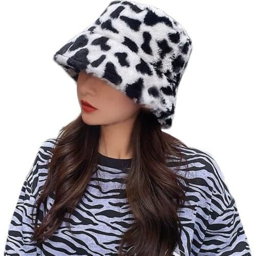 Women Men Winter Solid Color Cow Print Bucket Hat Fuzzy Plush Warm Fisherman Cap Y1QD
