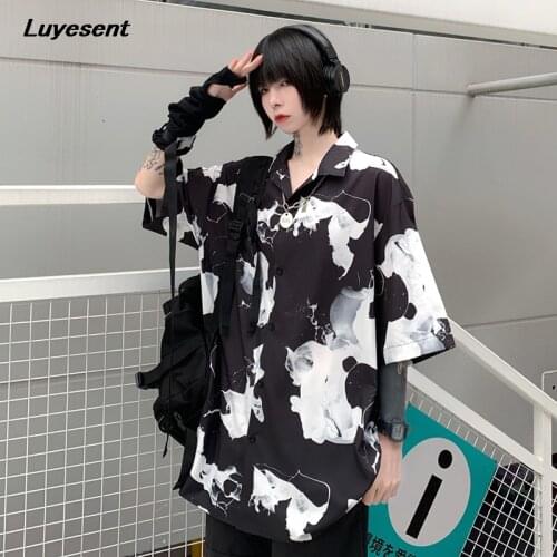 Harajuku Lady Lapel Collar Summer Street Shirt Single Breasted Contrast Color Women Short Sleeve Loose Unisex Shirts Black Top