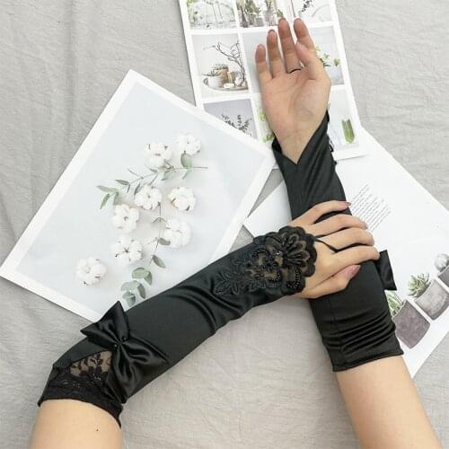 Womens Long Lace Satin Bow Flower Bead Hook Finger Wedding Dress Etiquette Gloves Halloween Performance Fingerless Mittens R45