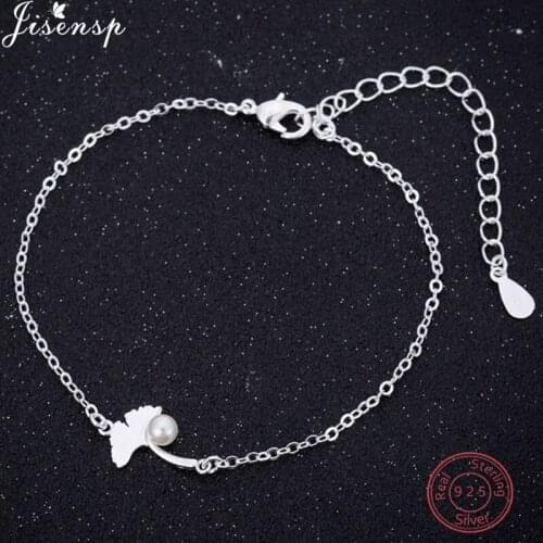 Jisensp 925 Sterling Silver Simulated Pearl Ginkgo Leaves Charm Bracelets for Women Fashion Pulseras Sterling-silver-jewelry