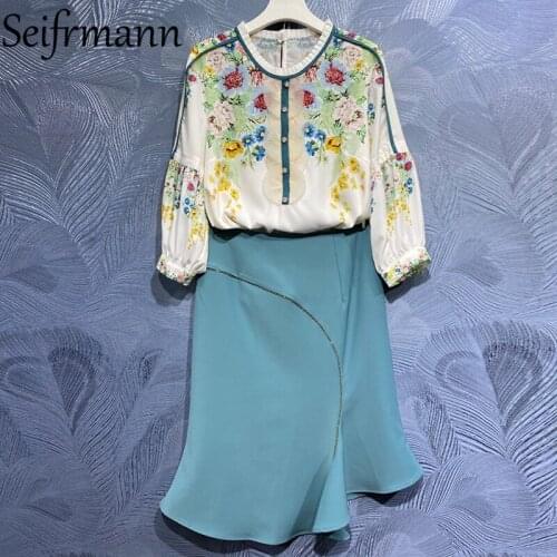Seifrmann New 2021 Summer Women Fashion Designer Skirts Set Lantern Sleeve Printed Loose Blouses + High Waist Midi Skirts Suits