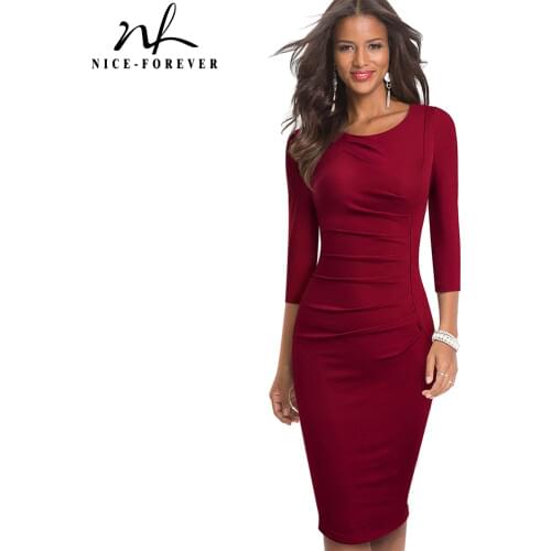 Nice-Forever Pure Color Elegant Retro Work Dresses Business Office Bodycon Sheath Formal Women Dress B600