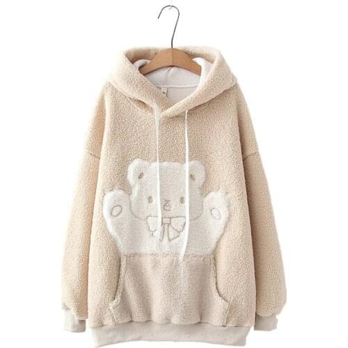Winter Fleece Women Preppy Style Lamb Hair Cute Bear Sweatshirts Plus Velvet Thick Mid-Length Loose Hoodies 2011212