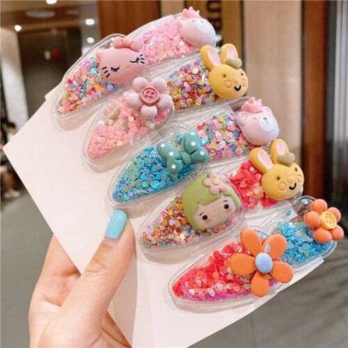 10pcs Quicksand Transparent PVC Girls Hair Clips Snap Clip Hairpin Cartoon Cat Bunny Flower Childrens Hair Accessories